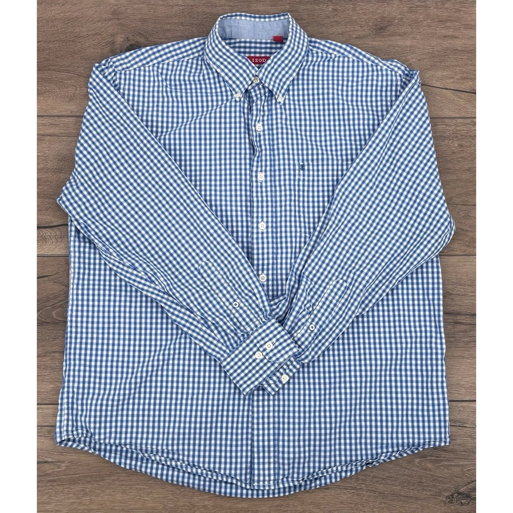 IZOD Button‎ Down Shirt Size Large Blue White Gingham Long Sleeve Cotton Pocket